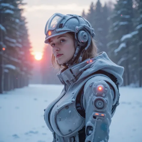 Highquality epic monumental photo, photorealistic sideview, full body capture of a young woman looking generous into camera, standing with her silver female android suit is covered in ice and frozen, far advanced technology futuristic android with visible ...