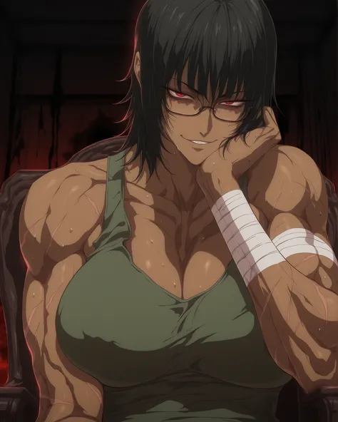 dark_art_style,(mazjojo:0.67), (pigeon666:0.83), fujii eishun, best quality,apocalypse,dark room,1girl,mature female, dark skin, black hair,wolf cut,muscular, red eyes, hot, milf body, milf,big breast,big thighs,Green tank top,bandages on arm,bloody,upper ...