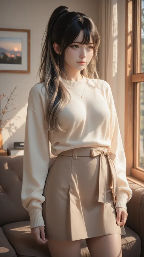 A realistic digital photograph of a young japanese girl with absolutely long hair reacheding her hip, silky black hair, bang hair. curl softly. in her early twenties, her breasts are pretty small,
with very long ash beige hair that glows in the morning su...