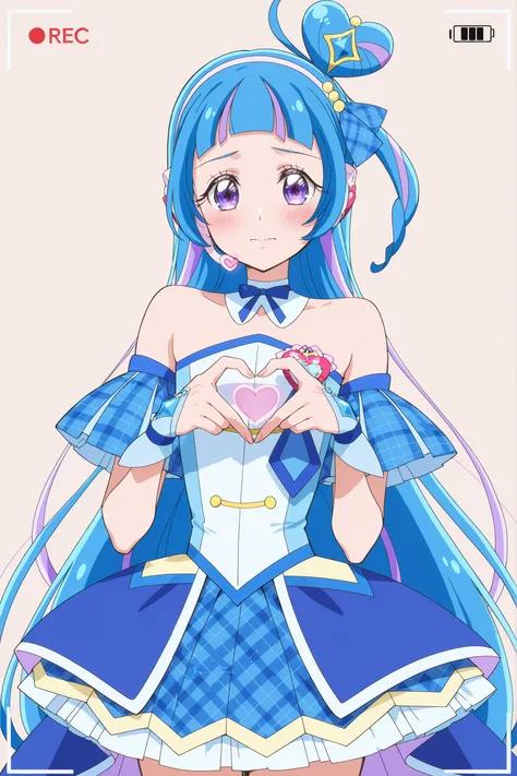 cure wink, kimi to idol precure, blue hair, magical girl, mini crown, purple eyes, blue dress, tilted headwear, very long hair, blunt bangs, bare shoulders, hairband, two-tone hair, purple hair, jewelry, idol clothes, masterpiece, best quality, newest, abs...