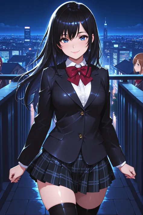 masterpiece,best quality, ultra detailed, detailed beautiful face and eyes, school girls,shou hair,blazer school uniform , bowtie with black blazer,closed blazer ,black plaid skirt,thigh high socks ,glossy lips,cowboy shot ,outdoor ,night city ,illuminatio...