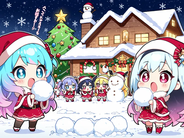 chibi, sd, kawaii, ultra-detailed, high detail, best quality, masterpiece, illustration, Anime style, many beautiful girls with random hair random color hair wear xmas clothes Snow, nice anime crystal eyes, they having a funny snowball fight, Christmas tre...