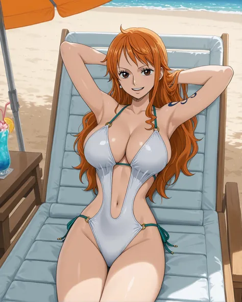 	Nami \One piece\, 
long orange hair, loose hair, brown eyes, big breasts, 

white swimsuit, monokini, 

happy, seductive expression, 1girl, solo, 
laying on lounge chair, hands behind head, relaxing, 

beach, ocean, parasol, 

masterpiece, best quality, a...