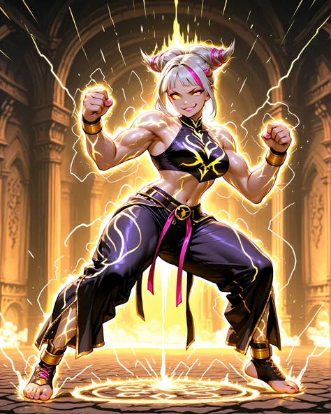 “A female fighter inspired by Juri from Street Fighter, redesigned as an original character. She has short, messy white hair with striking golden streaks, glowing fully yellow eyes without visible pupils, and pale white skin. Her expression is confident, d...