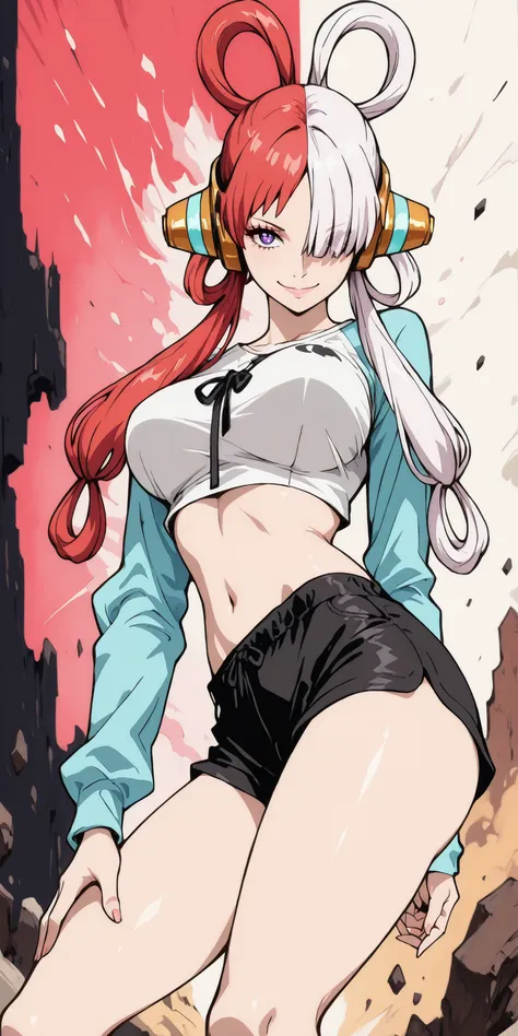 ((looking at the spectator)), ((unique background)), intricate details, High quality, aesthetic, ultra detailed, (masterpiece, detailed:1.2), ((knee-deep dramatic image)), Fantasy eyes, slightly large breasts, body fit, soft curves, 1girl, uta,headphones,m...