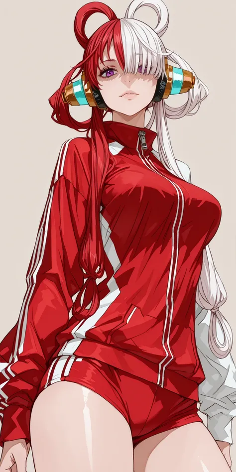 ((she is watching the spectator)), ((Simple Background)), intricate details, High quality, aesthetic, ultra detailed, (masterpiece, detailed:1.2), ((dramatic image)), Fantasy eyes, medium breasts, body fit, soft curves, uta,1girl,Alone, purple eyes,headpho...