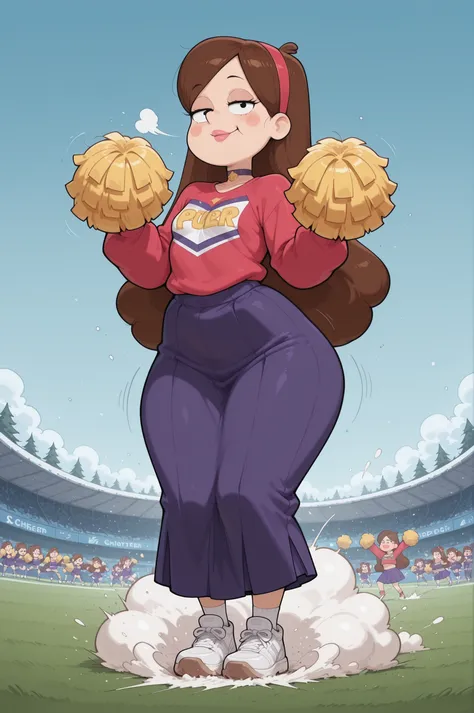 Mabel Pines, blush stickers, pink lips, brown hair. black eyes. half-closed eyes, small breasts, huge hips. long eyelashes, choker. | “A dynamic scene of a cheerleader competition on a winter football field. Energetic teams perform synchronized routines — ...
