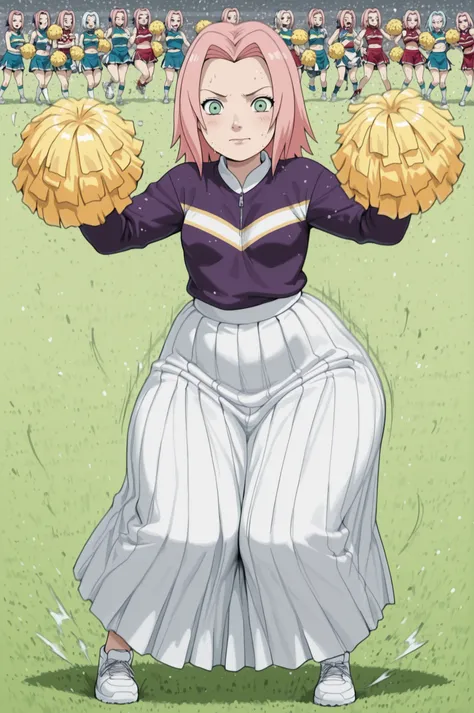 Sakura Haruno. small breasts, huge hips, pink hair, medium hair, light green eyes, thin lips, very fair skin, big forehead. | “A dynamic scene of a cheerleader competition on a winter football field. Energetic teams perform synchronized routines — complex...
