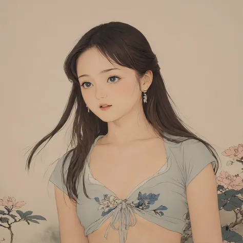 (((in style of traditional chinese painting, manga))), flowers, 
((crop top, small breasts)), loose wavy hair, orgasm face,
windy aerial hair, soft diffused lighting, tiny earrings, deep-blush, 
