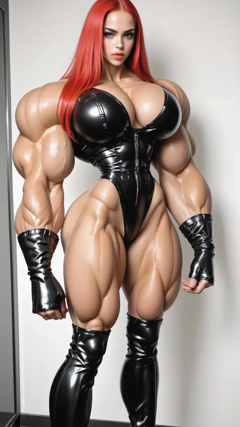  Fancha style.  (front pose), solo, (huge hyper muscular arms:1.75), (Hyper muscular bodybuilder girl standing:1.5), (latex thong:1.25), (huge hyper muscular veiny breasts:1.25), bimbo makeup, red hair, thigh high boots,(hyper-real photorealistic style:1.2...