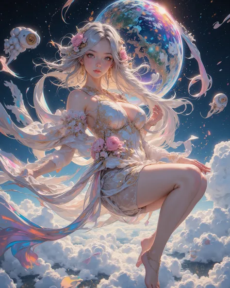 “Day of Zero Gravity on Earth”, poetic surrealism, a breathtakingly beautiful young woman floating gently above a faintly glowing Earth seen far below, weightless and serene, captured in a mid-air close-up three-quarter view, her flawless luminous skin the...