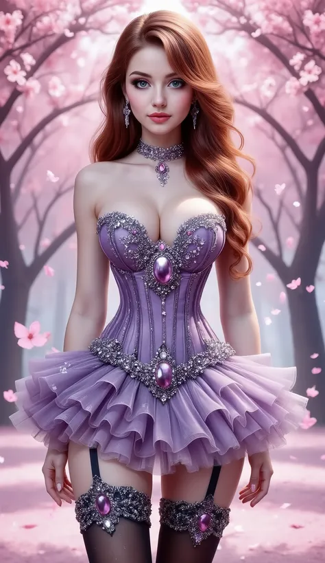 A young woman with fair skin and long, wavy auburn hair stands in a vibrant cherry blossom forest. Her hair is styled in two buns adorned with purple floral clips, and she wears an elaborate purple V-Cut strapless corset with intricate silver embellishment...