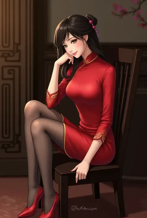 best quality, 1girl, Sexy black silk long legs, Red cheongsam, Sit cross-legged in a chair, Head down and smile, Soft light, Elegant makeup, , warm skin tone, , blurred background, Beautiful temperament, Detailed