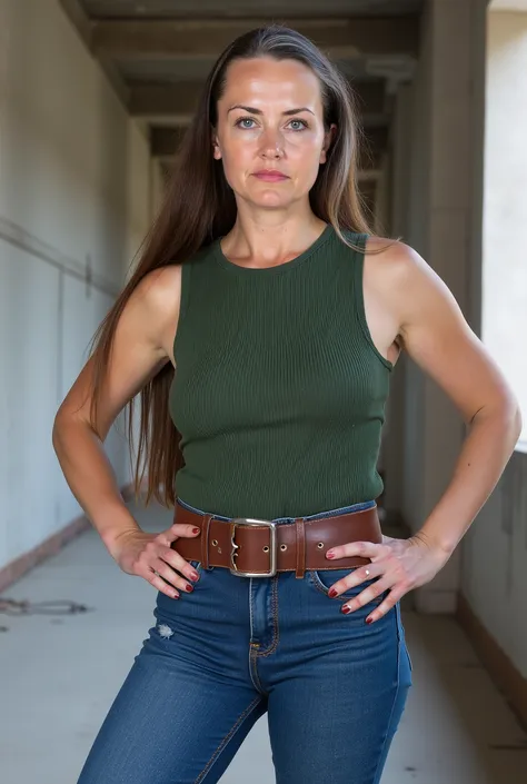Mature Female, photorealistic, full-body shot, white European mature woman, aged beauty, aged skin with high detail, slim waist, wide hips, form-fitting green ribbed tank top, skin-tight high-waisted jeans, thick wide leather belt, belt emphasizes narrow w...