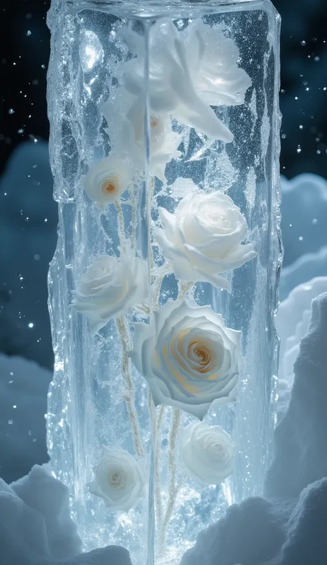 A crystal-clear block of ice with white roses frozen inside, glowing softly with internal light, surrounded by icy sparkles, frost patterns, and glittering particles, high detail fantasy art, full-frame dreamy composition