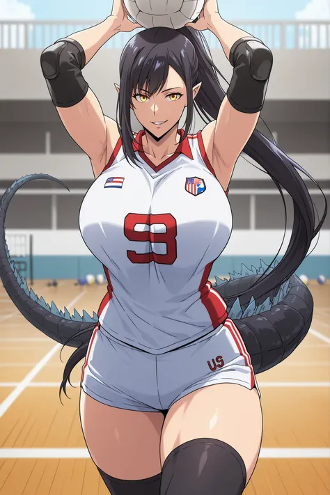 anime screencap, masterpiece, best quality, jin-ah, 1girl, adult Female, solo, yellow eyes, absurdly long hair, ponytail, sidelocks, pointy ears, Godzilla tail, Godzilla long tail, very long tail, black hair, nails claws, attractive face, strict attributes...