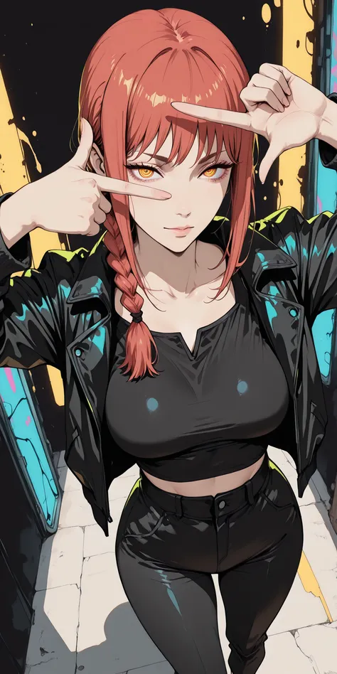 ((looking at the spectator)), ((unique background)), intricate details, High quality, aesthetic, ultra detailed, (masterpiece, detailed:1.2), ((knee-deep dramatic image)), Fantasy eyes, slightly large breasts, body fit, soft curves, 1girl, hands(chainsaw m...