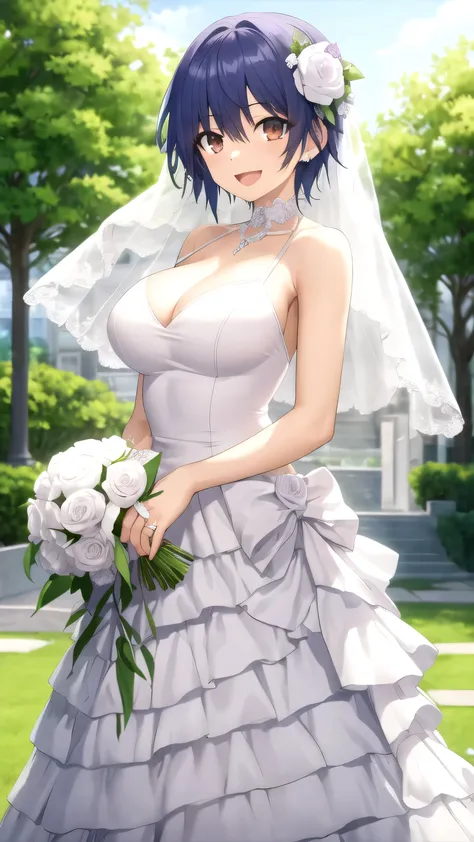masterpiece, best quality, high quality, girl, solo, looking at viewer, itsuka_shidou, large breasts, wedding Dress, standing, smile, open mouth, outdoors 