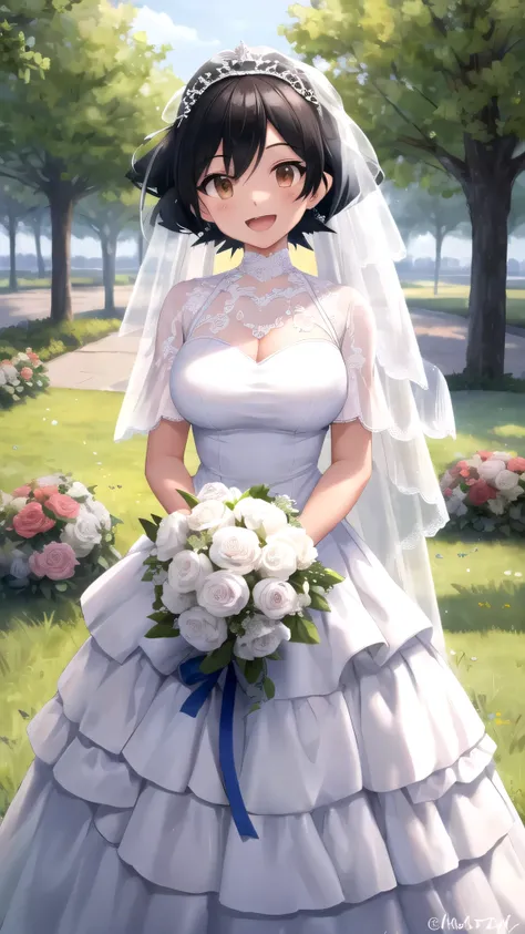 masterpiece, best quality, high quality, girl, solo, looking at viewer, Ash Ketchum, Black hair, Brown eyes, large breasts, wedding Dress, standing, smile, open mouth, outdoors 