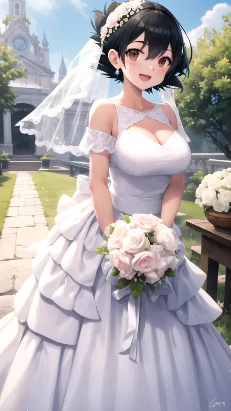 masterpiece, best quality, high quality, girl, solo, looking at viewer, Ash Ketchum, Black hair, Brown eyes, large breasts, wedding Dress, standing, smile, open mouth, outdoors 
