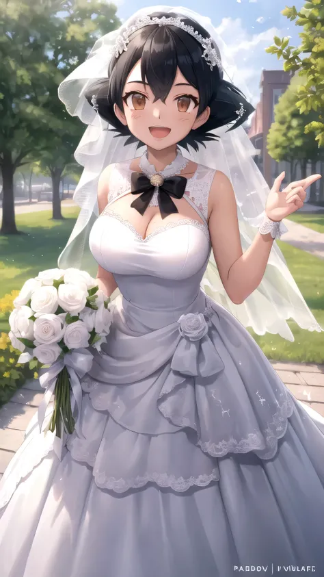 masterpiece, best quality, high quality, girl, solo, looking at viewer, Ash Ketchum, Black hair, Brown eyes, large breasts, wedding Dress, standing, smile, open mouth, outdoors 