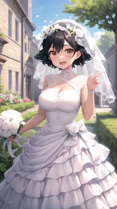 masterpiece, best quality, high quality, girl, solo, looking at viewer, Ash Ketchum, Black hair, Brown eyes, large breasts, wedding Dress, standing, smile, open mouth, outdoors 