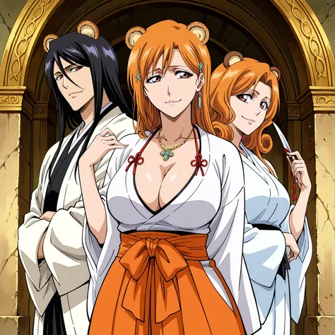 Orihime Inoue from Bleach, 20 years old. Red eyes with intricate details. Curly brown orange hair with rounded raccoon ears. C, a smug and confident smile. Moist body.risa alegre, manos levantadas. Lleva un bikini color amarillo anaranjado con diseño de fl...