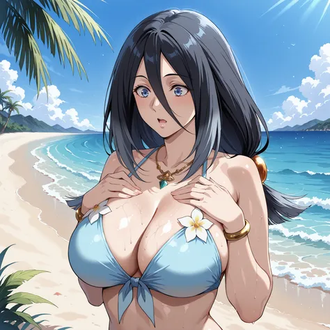 Shildina, , a black-haired woman with hair between the eyes and deep blue eyes, Clear and smooth skin. surprised expression, hands on breasts. She wears a light blue bikini with flower design, drops of water run through your skin, highlighting her curvaceo...