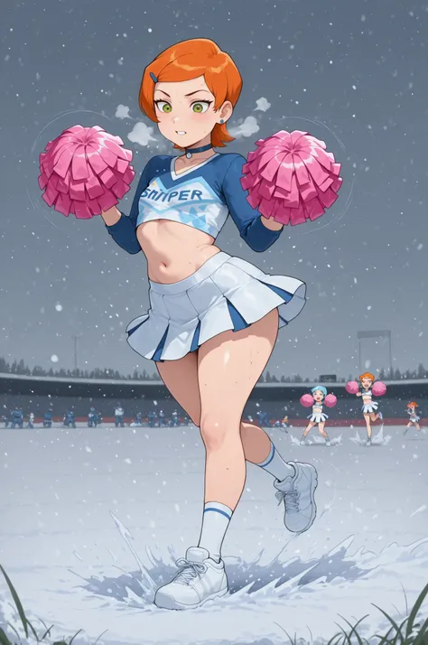 Gwen Tennyson . ginger . short hair . green eyes . flat breasts, flat chest, huge hips . slim body . choker . | “A dynamic scene of a cheerleader competition on a winter football field. Energetic teams perform synchronized routines — complex moves, lifts, ...