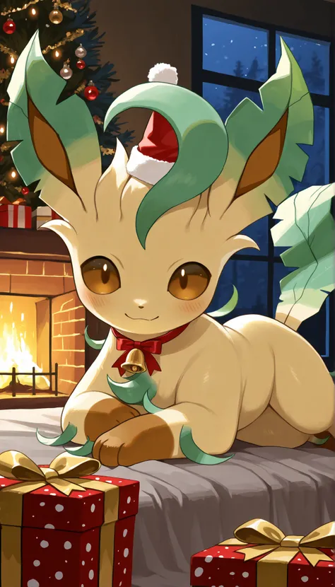 best quality,best resolution,solo,leafeon,(young :1.2),pokemon,aesthetic fur,intricated fur,mini santa hat,yellow small bell ribbon collar,living room,romantic light,night,chistmas theme,christmas tree,christmas decorations,looking at viewer,plenty gift bo...