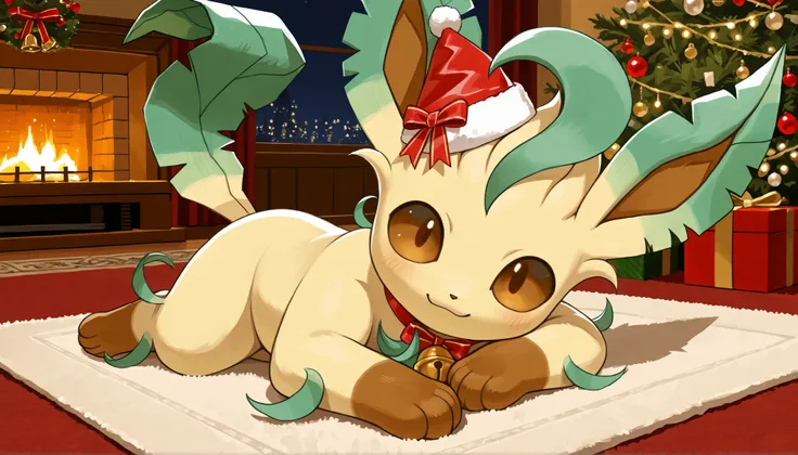 best quality,best resolution,solo,leafeon,(young :1.2),pokemon,aesthetic fur,intricated fur,mini santa hat,yellow small bell ribbon collar,living room,romantic light,night,chistmas theme,christmas tree,christmas decorations,looking at viewer,plenty gift bo...