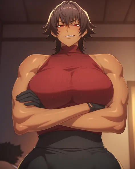 blaash,thick thighs,(mazjojo:0.67), (pigeon666:0.83), fujii eishun, best quality, looking at viewer, 1girl,mature female, dark skin, brown hair,wolf cut,short hair,tomboy,Fit body, red eyes, hot, milf body, milf,large breast,upper body,dark room,apocalpyse...