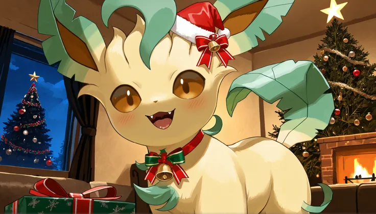 best quality,best resolution,solo,leafeon,(young :1.2),pokemon,aesthetic fur,intricated fur,mini santa hat,yellow small bell ribbon collar,living room,romantic light,night,chistmas theme,christmas tree,christmas decorations,looking at viewer,plenty gift bo...