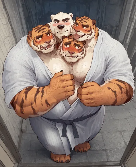 bathrobe, very hairy, bearded, old construction worker dominant bear teasing, undressing, straining neck, looking away, licking face, flustered, blush, (hairy manly bearded fat polar bear and submissive muscle tiger conjoined), very high quality, view from...