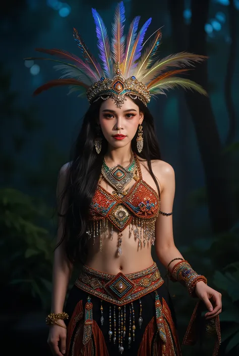 "A mesmerizing portrait of a young woman, embodying the spirit of a mystical Dayak warrior queen from an enchanted forest realm. Her headpiece is a regal crown woven from iridescent moonbeams and stardust, adorned with three majestic, ethereal feathers tha...