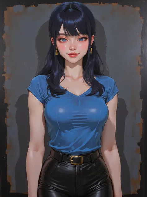 in the style of jim-musil, an oil painting of, marinette Dopanchan, A very beautiful and cute 22 year old woman. Slight smile, long hair, deep gaze, blue eyes, western eyes, detailed blue eyes, beautiful eyes, natural pink lips, thin lips, detailed lips, b...