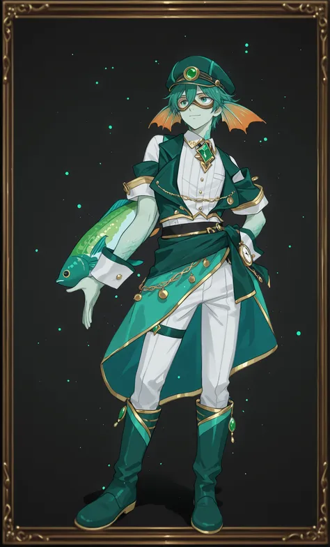 Male Doll, in drawn 。, stand upright , eXquisitely decorated, fantasy male idol and teal with the theme of wind magic and green fish(emerald green)and gold costume. His skin is pale teal in cheeks and shining fish scales everywhere, greenish tints, in、e...