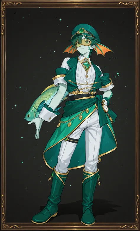 Male Doll, in drawn 。, stand upright , eXquisitely decorated, fantasy male idol and teal with the theme of wind magic and green fish(emerald green)and gold costume. His skin is pale teal in cheeks and shining fish scales everywhere, greenish tints, in、e...