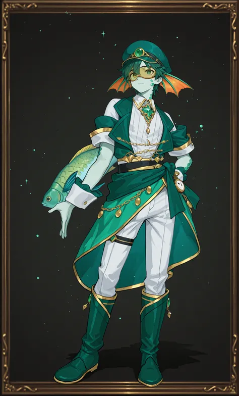 Male Doll, in drawn 。, stand upright , eXquisitely decorated, fantasy male idol and teal with the theme of wind magic and green fish(emerald green)and gold costume. His skin is pale teal in cheeks and shining fish scales everywhere, greenish tints, in、e...