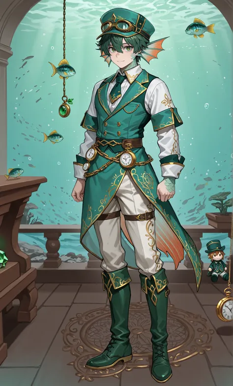 Male Doll, in drawn 。, stand upright , eXquisitely decorated, fantasy male idol and teal with the theme of wind magic and green fish(emerald green)and gold costume. His skin is pale teal in cheeks and shining fish scales everywhere, greenish tints, in、e...