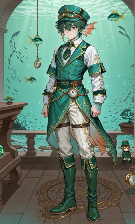 Male Doll, in drawn 。, stand upright , eXquisitely decorated, fantasy male idol and teal with the theme of wind magic and green fish(emerald green)and gold costume. His skin is pale teal in cheeks and shining fish scales everywhere, greenish tints, in、e...