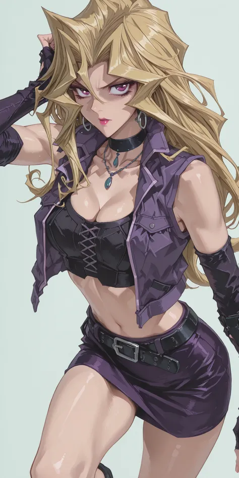 ((Simple Background, color gris)), intricate details, High quality, aesthetic, ultra detailed, ((masterpiece, detailed:1.2), ((dramatic image)), Fantasy eyes, medium breasts, body fit, soft curves, hand,1girl, blonde hair, long hair, purple eyes, hair betw...