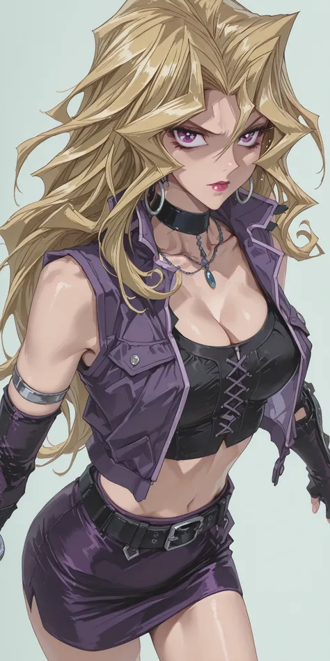 ((Simple Background, color gris)), intricate details, High quality, aesthetic, ultra detailed, ((masterpiece, detailed:1.2), ((dramatic image)), Fantasy eyes, medium breasts, body fit, soft curves, hand,1girl, blonde hair, long hair, purple eyes, hair betw...