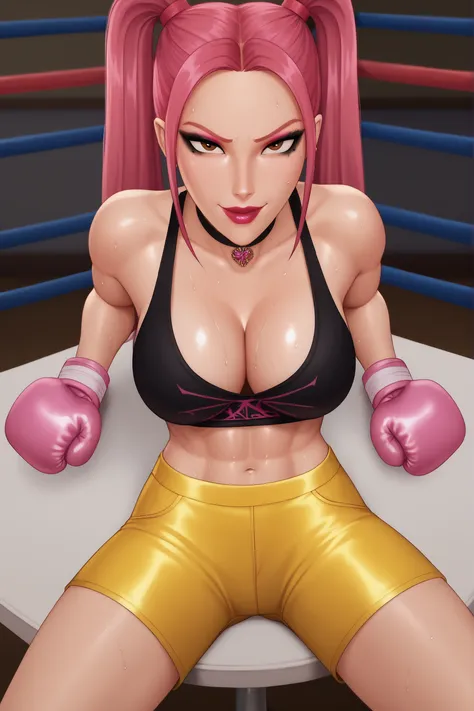 BREAK, score_6_up, score_7_up, score_8_up, score_9, 1girl, solo, kpdh_m1ra, long hair, dark pink hair, brown eyes, twintails, black choker, lipstick, makeup, official KPop Demon Hunters aesthetic, large breasts, busty, cleavage, curvy, athletic, looking at...