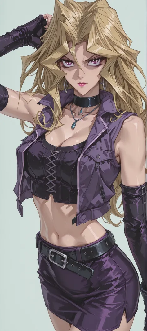 ((Simple Background, color gris)), intricate details, High quality, aesthetic, ultra detailed, ((masterpiece, detailed:1.2), Fantasy eyes, medium breasts, body fit, soft curves, hand, 1girl, blonde hair, long hair, purple eyes, hair between eyes, collarbon...