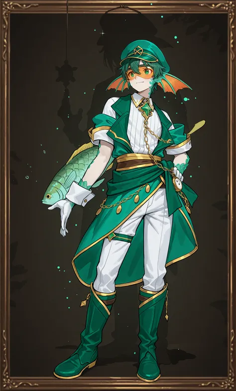 Male Doll, in drawn 。, stand upright , eXquisitely decorated, fantasy male idol and teal with the theme of wind magic and green fish(emerald green)and gold costume. His skin is pale teal in cheeks and shining fish scales everywhere, greenish tints, in、e...