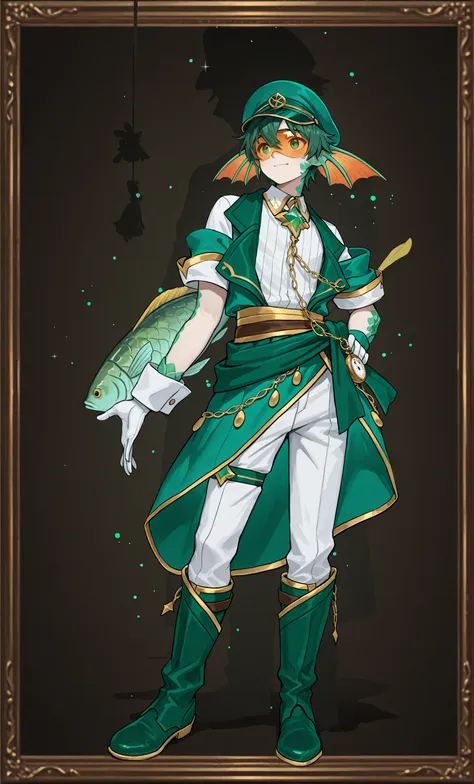 Male Doll, in drawn 。, stand upright , eXquisitely decorated, fantasy male idol and teal with the theme of wind magic and green fish(emerald green)and gold costume. His skin is pale teal in cheeks and shining fish scales everywhere, greenish tints, in、e...