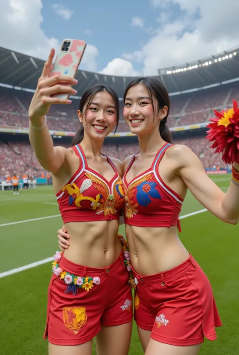 Asian beauty Chearleader taking selfie with lionel messi football player