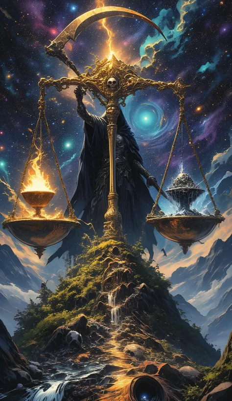 A highly detailed, intricate digital artwork depicting the theme of life and death in cosmic balance. At the center, a massive ornate golden scale hovers majestically in the cosmic void, with the Grim Reaper positioned directly behind the scale's rear, par...