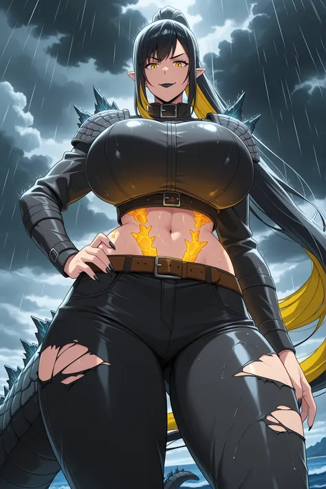 anime screencap, masterpiece, best quality, kajiu-jin-ah, 1girl, Mature Female, attractive face, yellow eyes, pointy ears, absurdly long hair, two-tone hair, Godzilla tail, Godzilla nails claws, Godzilla large tail, long tail, very long tail, yellow eyes, ...